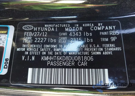 2013 Hyundai Genesis 2.0T Premium z USA, uszkodzony, nr VIN KMHHT6KD8DU081806